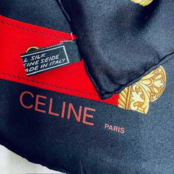 Unused Celine Paris 100% Silk Scarf Satin 34" Beige Black Red Prumpet Bow  (37 - Picture 9 of 16